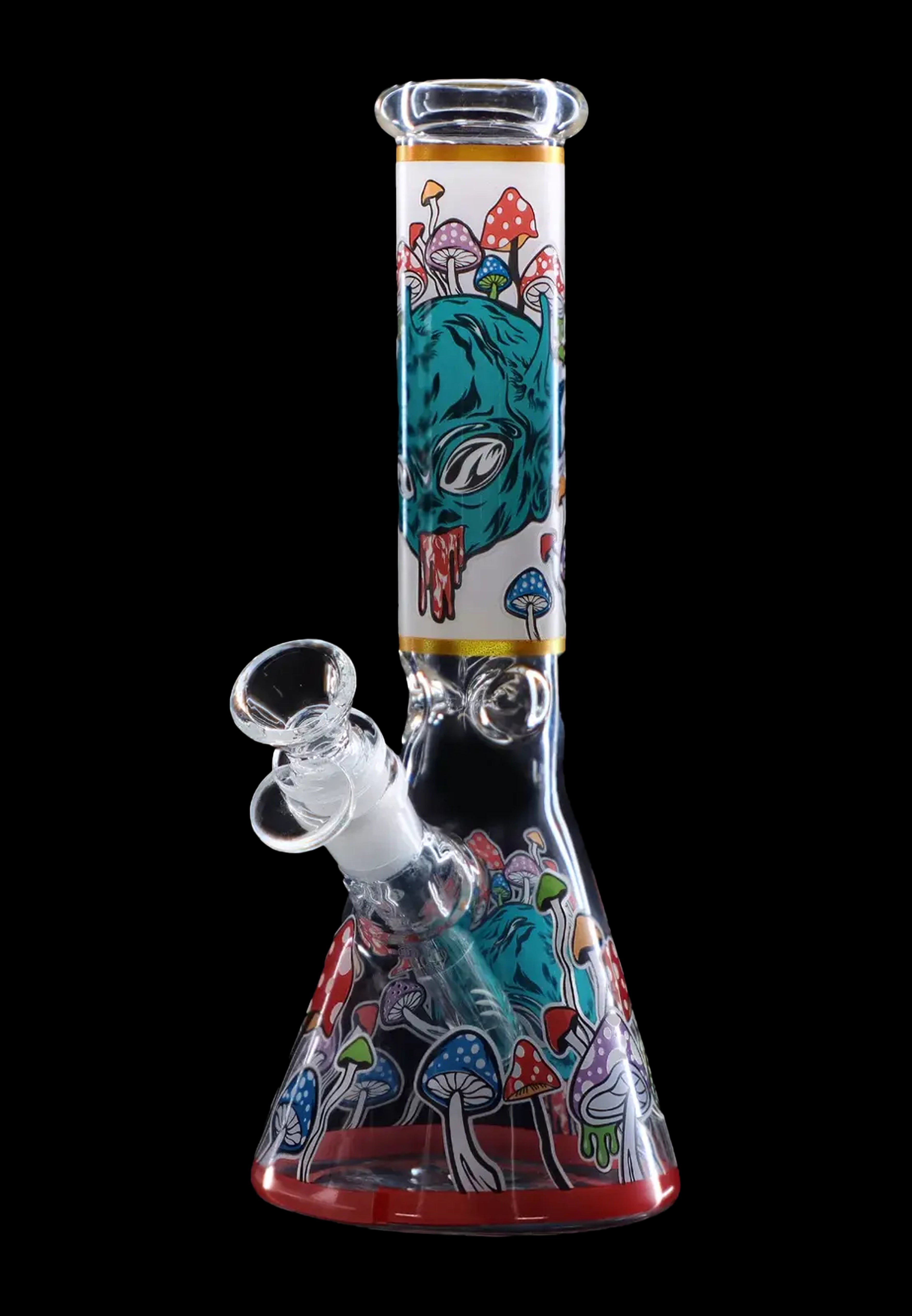 Glass bong decorated with psychedelic mushroom and eye illustrations, against a black background.
