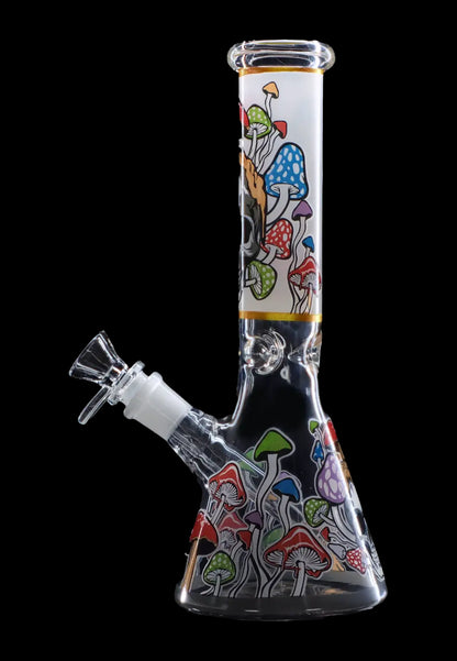 Front view of the Mushroom Design 10" Water Pipe, a clear glass pipe adorned with colorful mushroom illustrations.