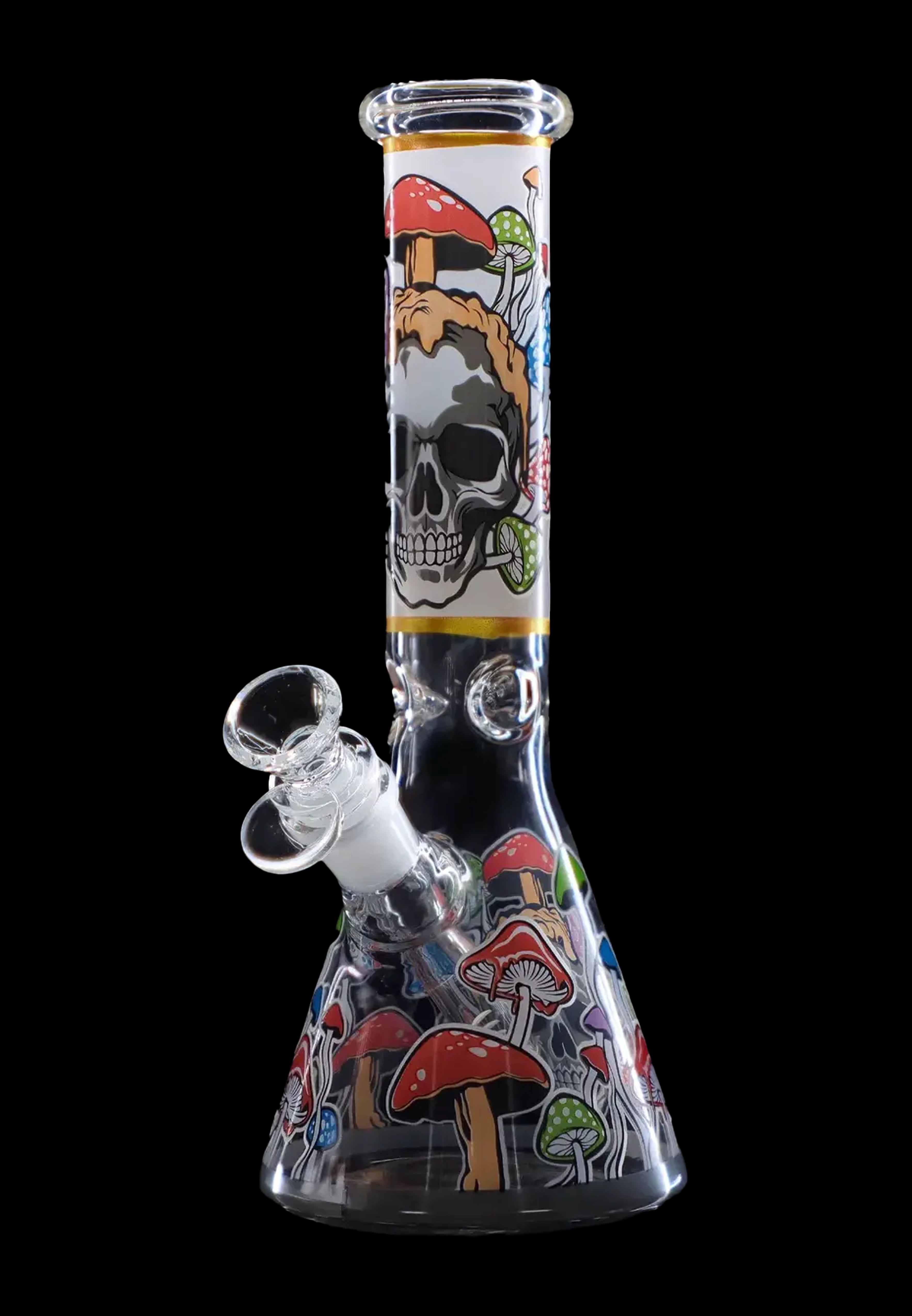 Front view of the Mushroom Design 10" Water Pipe, showing a colorful, patterned glass pipe against a dark backdrop.