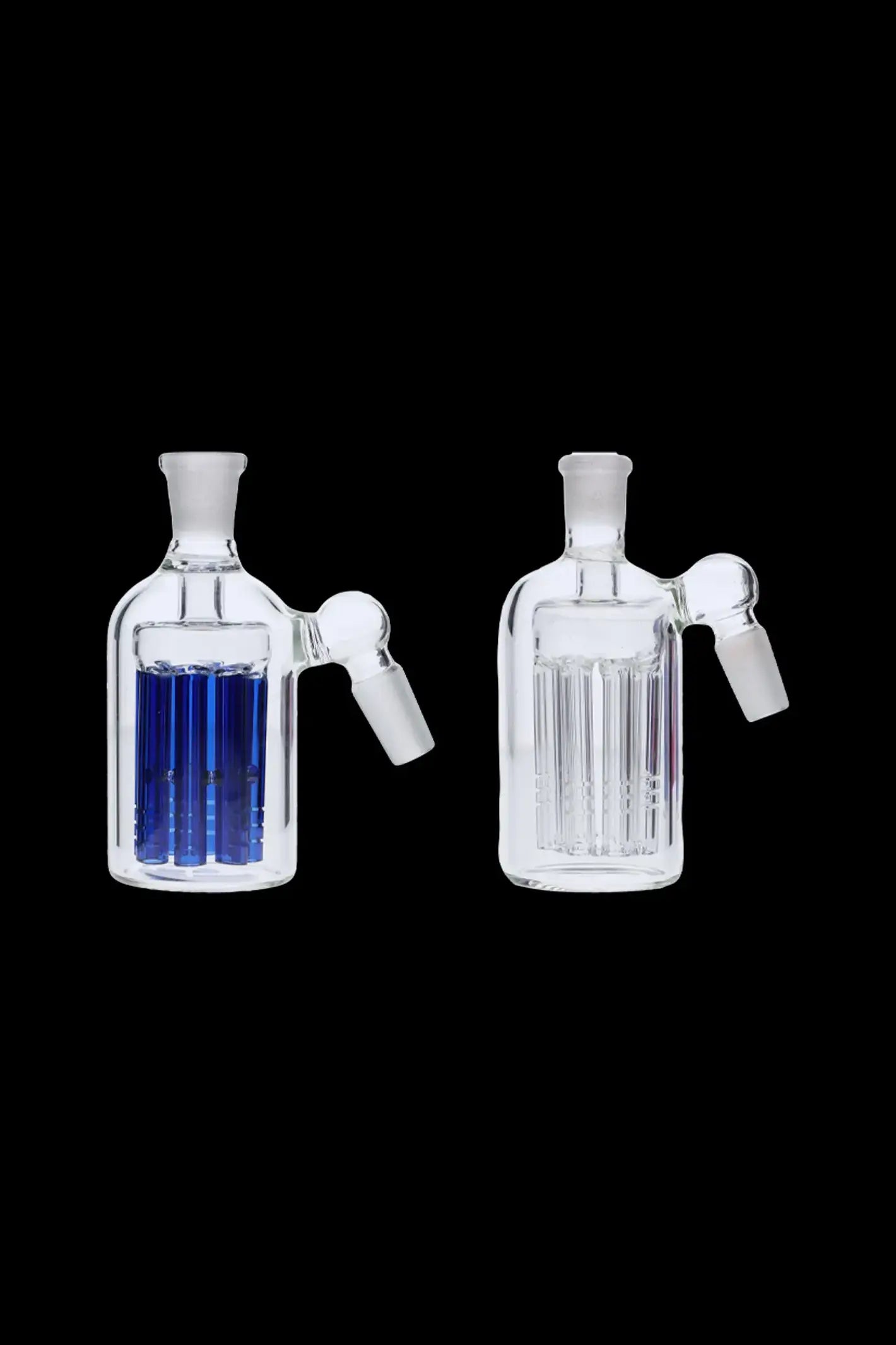 Glass bubblers with percolators, one blue and one clear, against a black background.