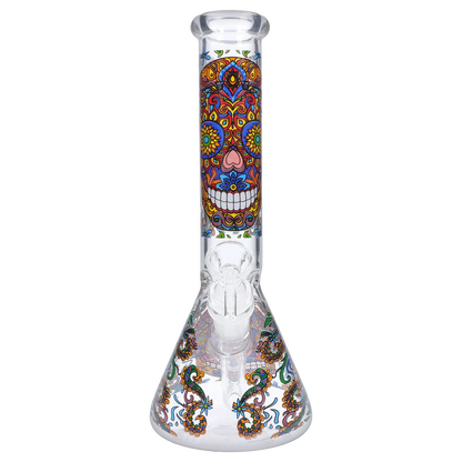 Centered front view of the Smoke Cartel Skull Beaker Bong - 10 in., showing a colorful sugar-skull motif on its straight neck and beaker base