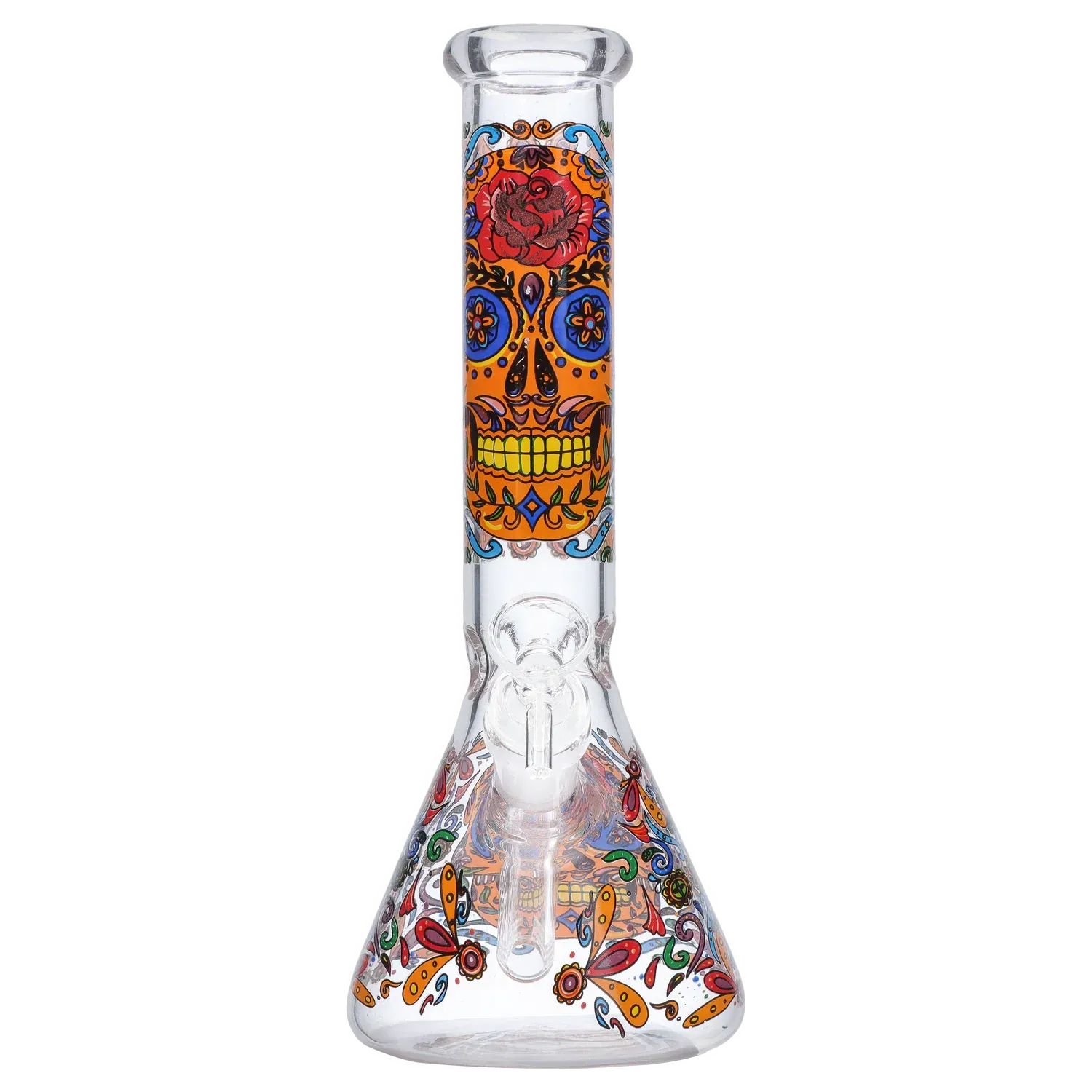 Centered frontal view of the Smoke Cartel Skull Beaker Bong - 10 in. showing a vertical orange sugar-skull motif on the neck and colorful floral patterns on the beaker base.