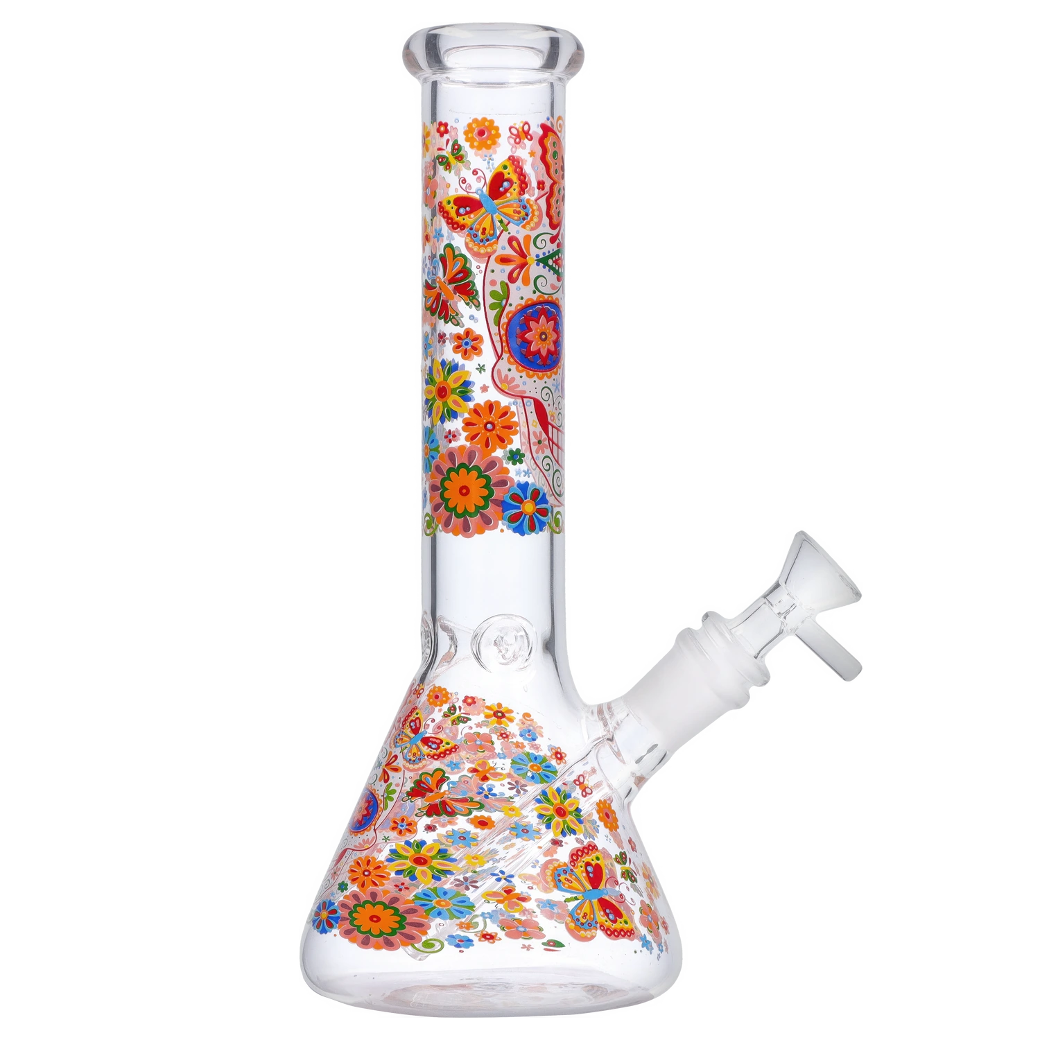 Angled view of the Smoke Cartel Skull Beaker Bong - 10 in. showing its clear glass beaker and neck decorated with colorful floral and butterfly motifs.