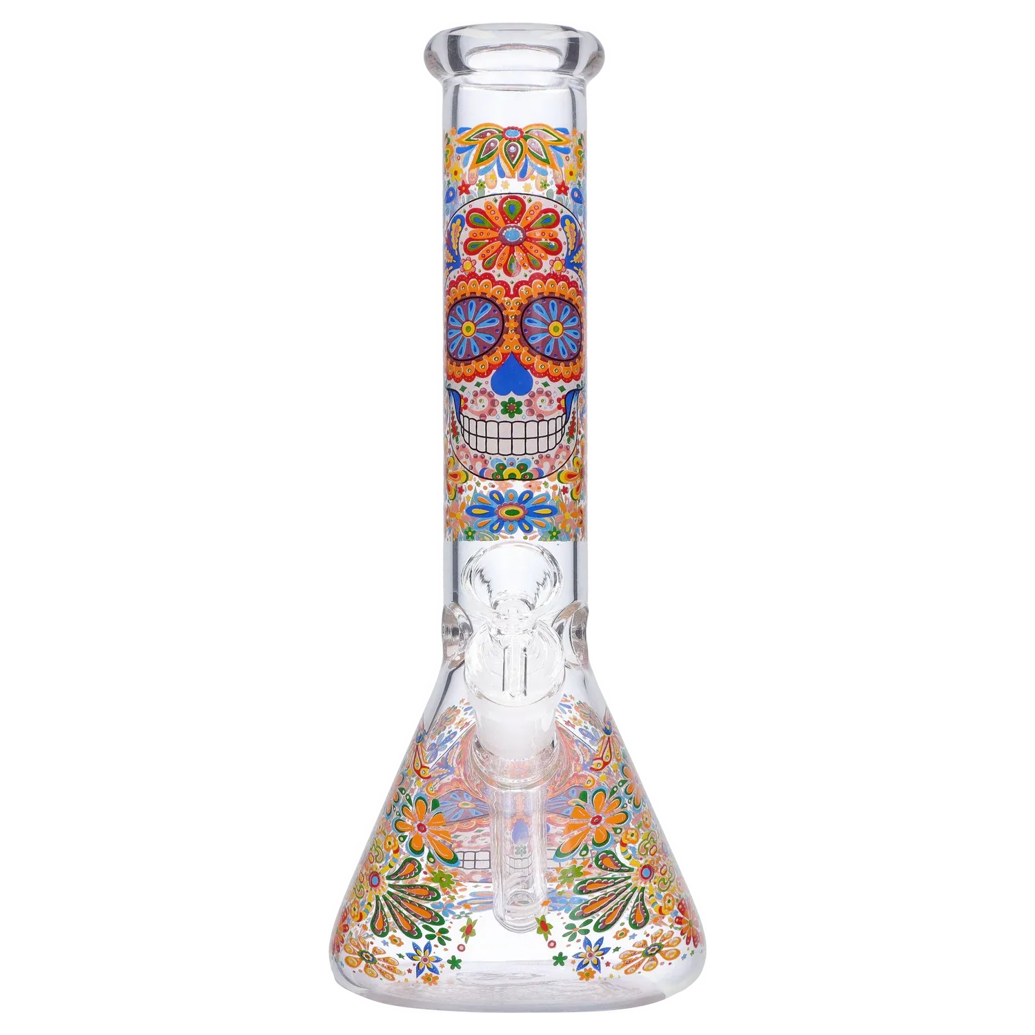 Front-facing close-up of the Smoke Cartel Skull Beaker Bong - 10 in. showing a colorful sugar-skull motif on the straight neck and floral-decorated beaker base.