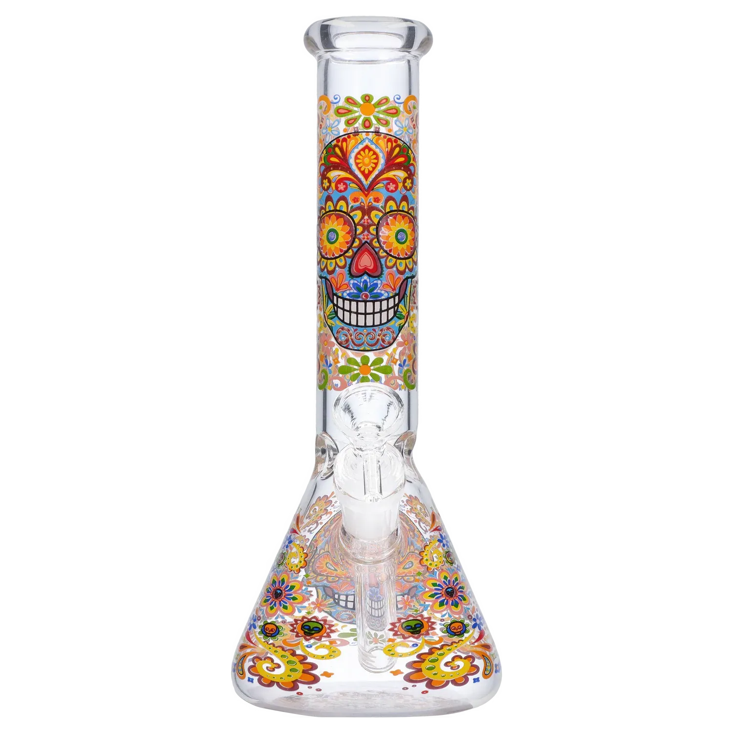 Front view of the Smoke Cartel Skull Beaker Bong - 10 in. showing a colorful sugar-skull floral pattern along the straight neck and beaker base.