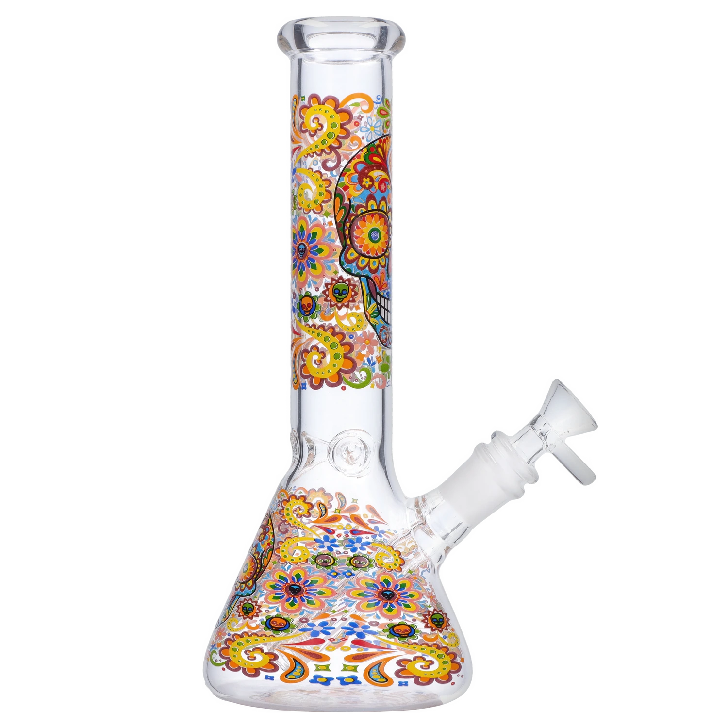 Side view of the Smoke Cartel Skull Beaker Bong - 10 in. showing a clear glass beaker with colorful yellow, orange, and blue floral skull motifs wrapping the neck and base.