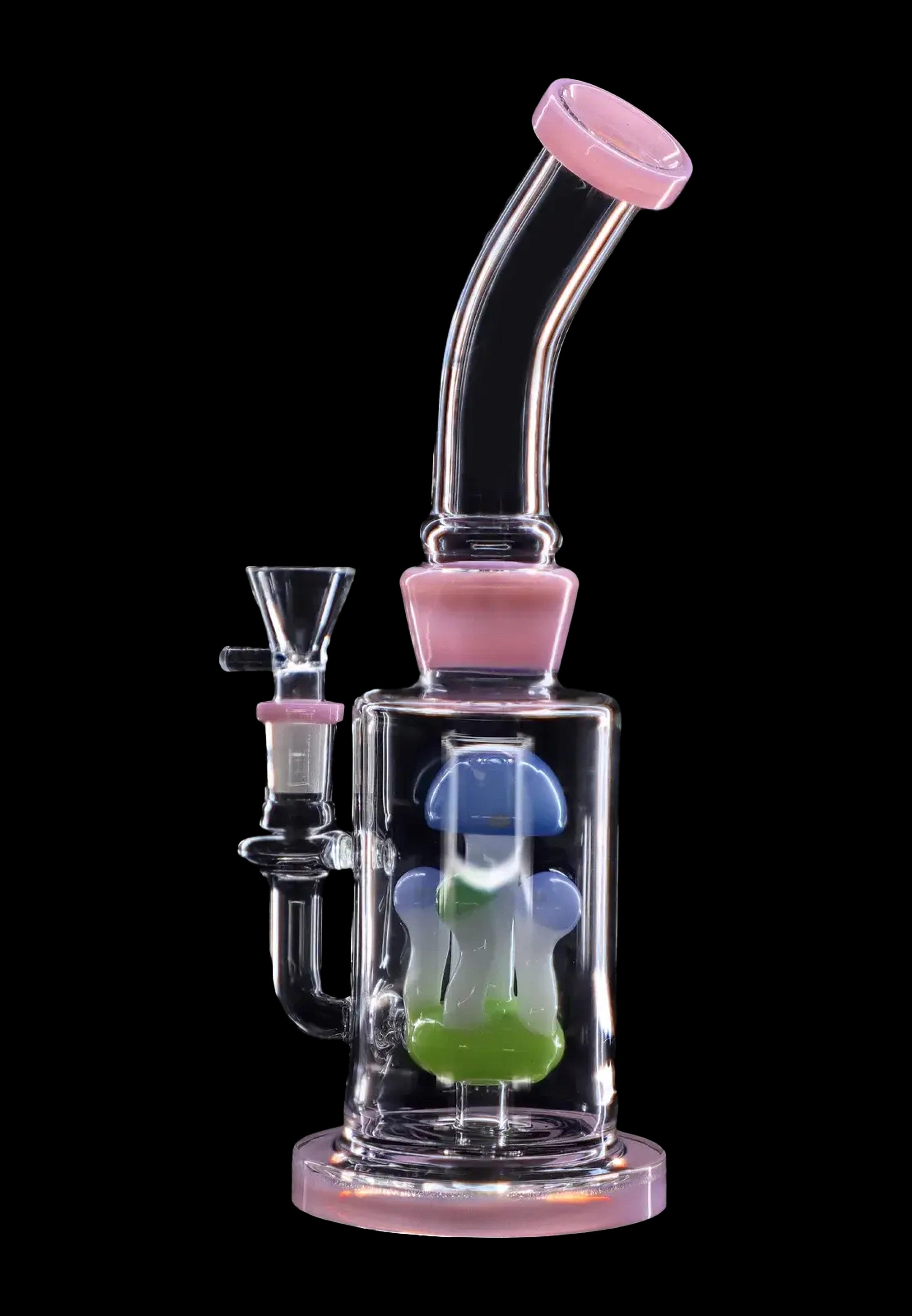 Pink and clear glass water pipe (bong) with blue and green percolators.