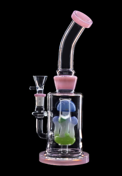 Pink and clear glass water pipe (bong) with blue and green percolators.