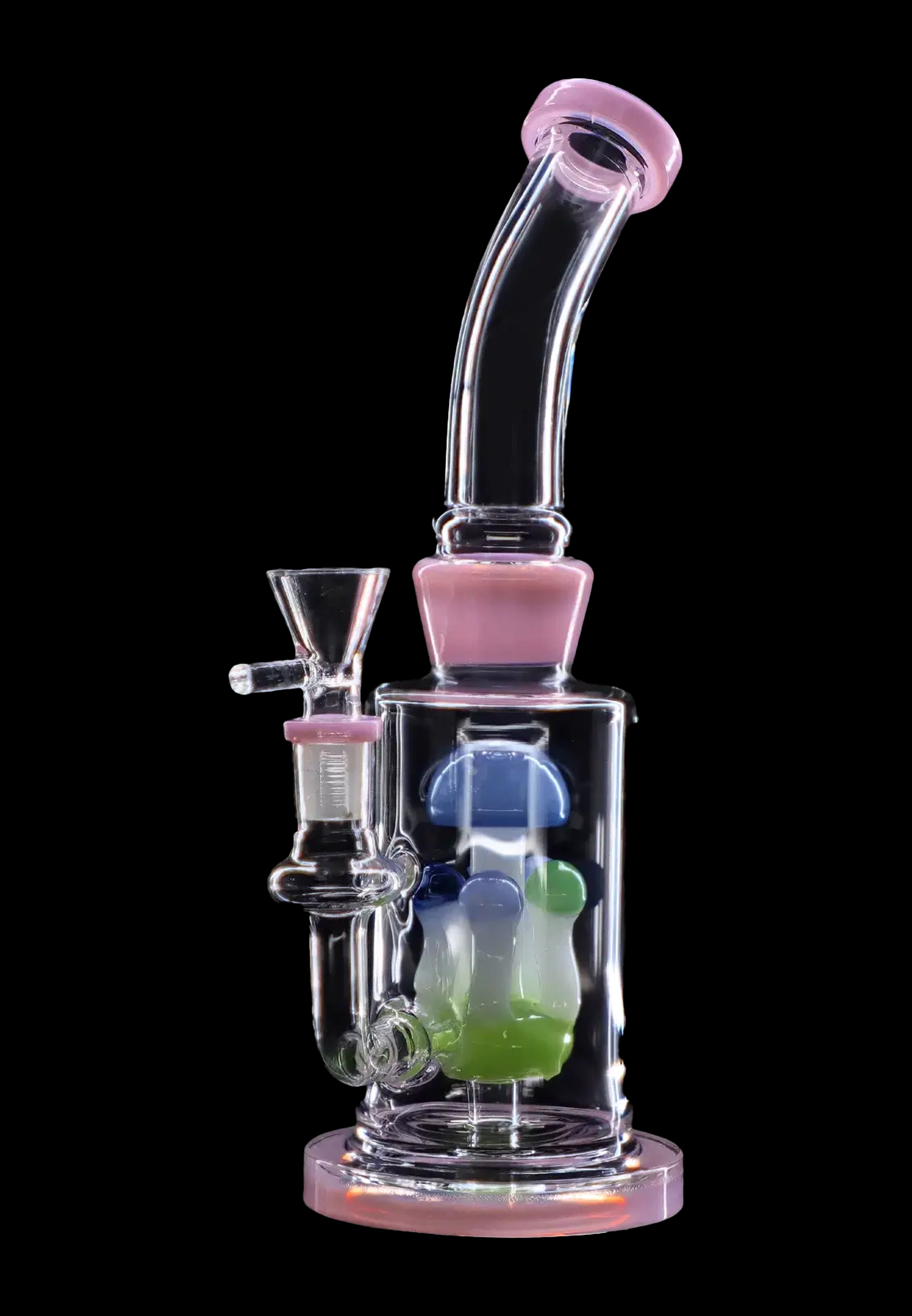Pink and clear glass water pipe (bong) with blue and green bubblers, displayed on a black background.