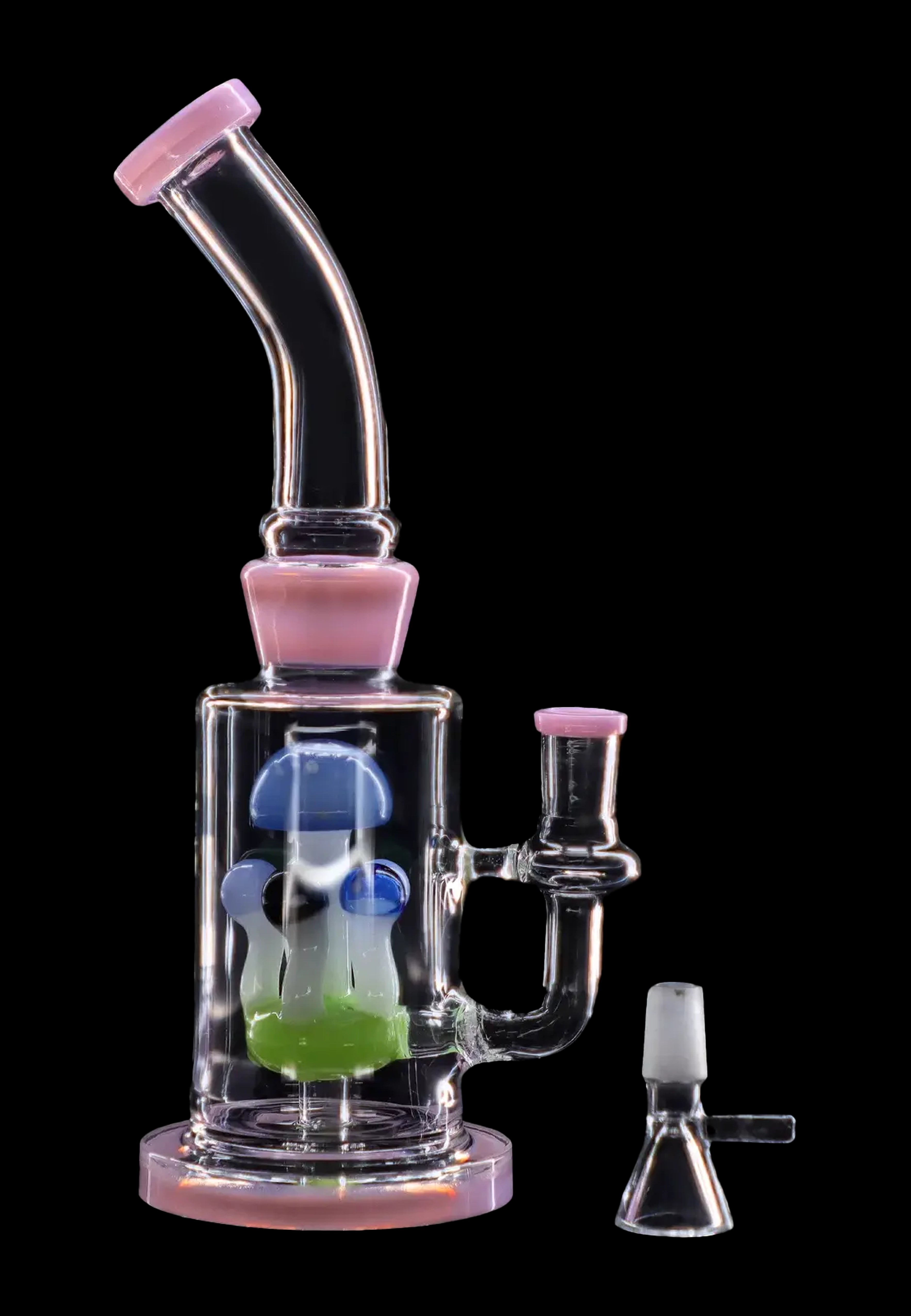 Glass water pipe (bong) with colorful percolators and a separate glass bowl.