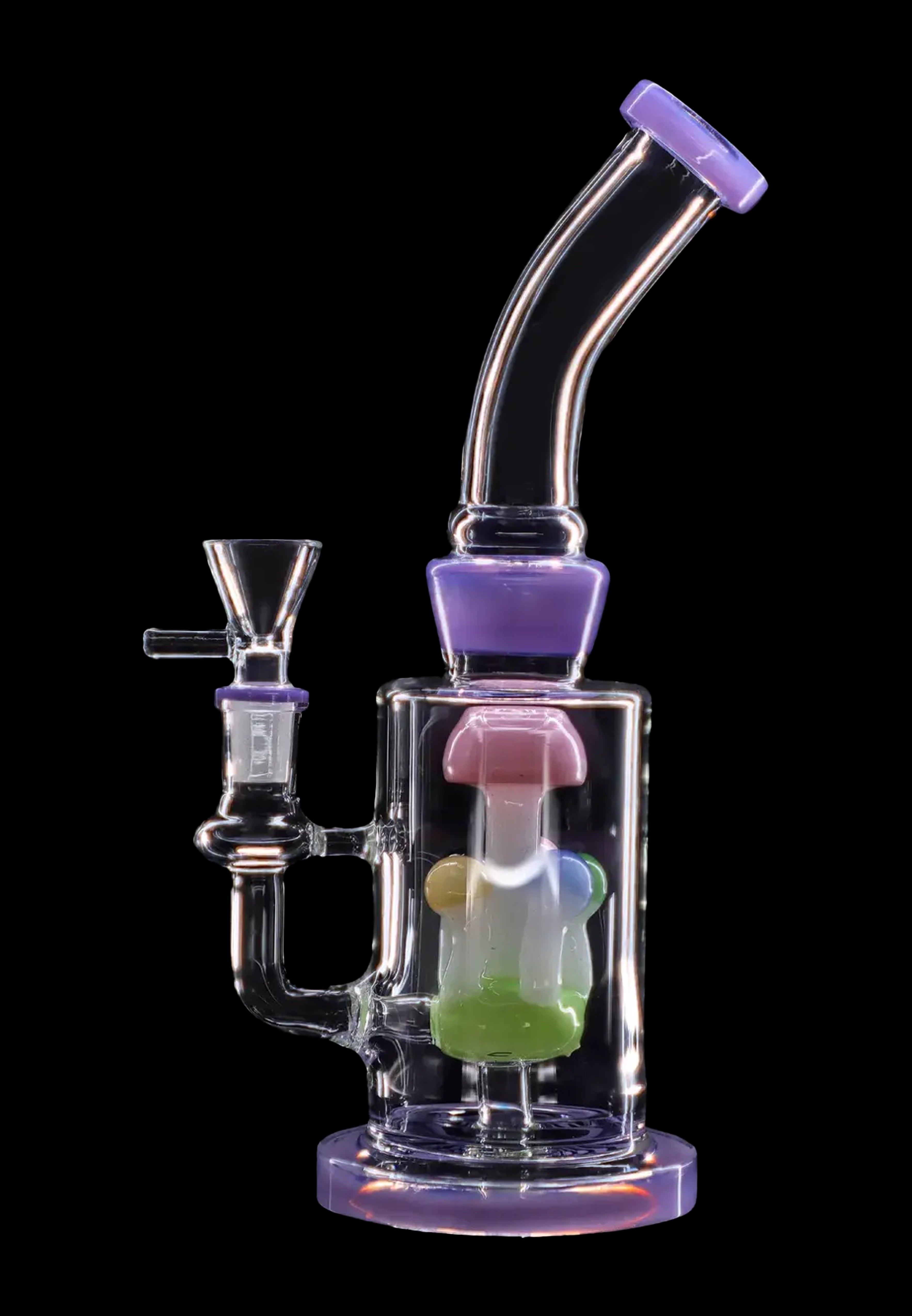 A colorful glass water pipe (bong) with a flared mouthpiece and intricate bubbler design, isolated on a black background.