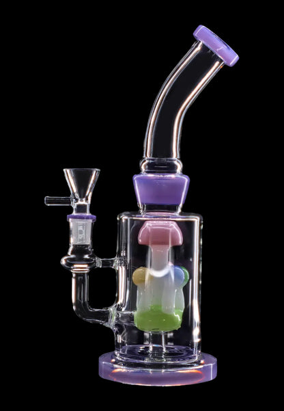 A colorful glass water pipe (bong) with a flared mouthpiece and intricate bubbler design, isolated on a black background.