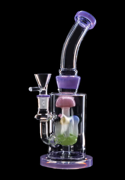A colorful glass water pipe (bong) with a complex perc system, isolated on a black background.