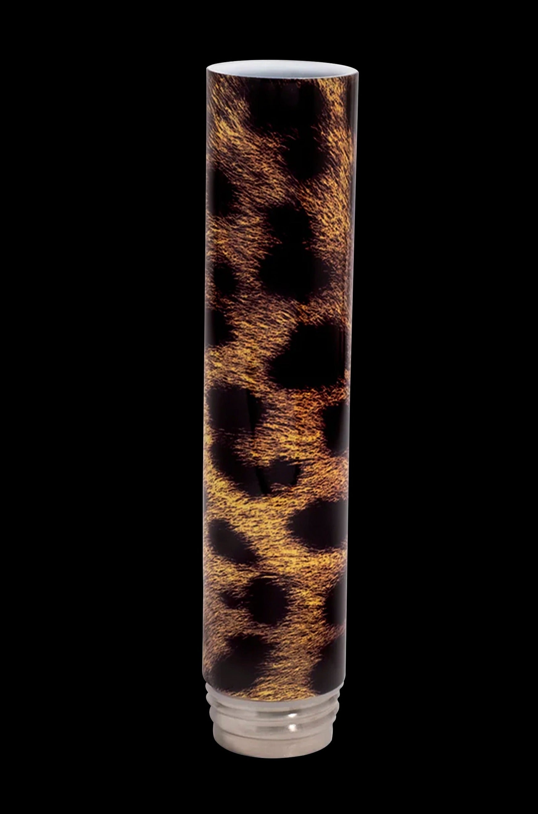 Glass bubbler with speckled amber and black pattern.