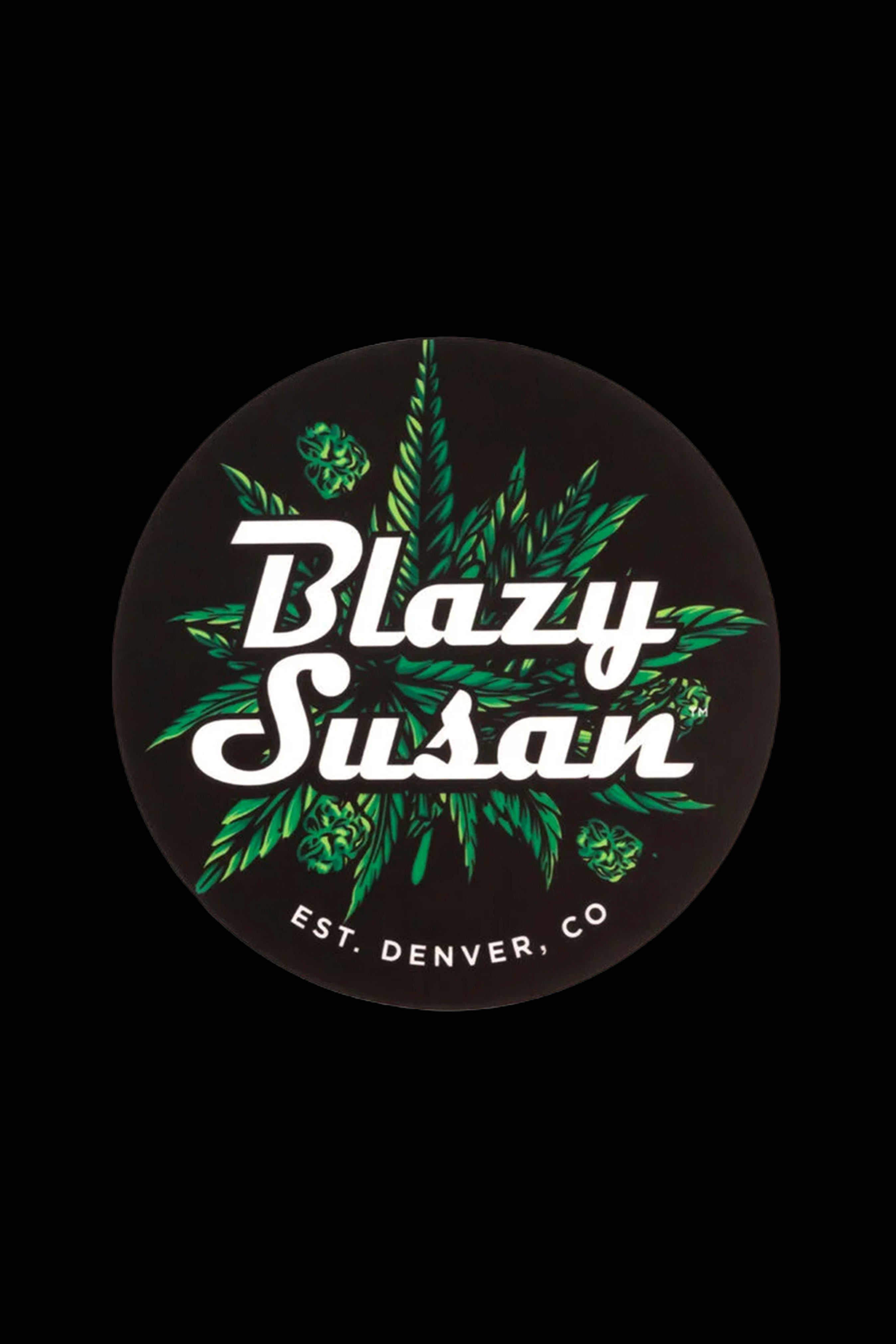 A circular sticker featuring the brand “Blazy Susan” in cursive white lettering surrounded by green cannabis leaves, with “EST. Denver, CO” at the bottom.