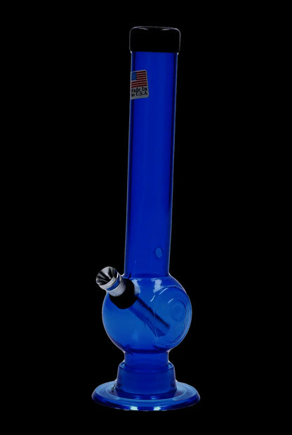 Vertical studio shot of a translucent blue JM Plastics Magic 8 Ball Base with Carb Hole Acrylic Bong - 8 in., shown against a black background from a slight low angle highlighting the round base and angled bowl.