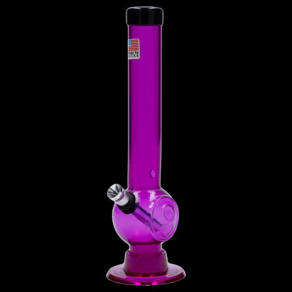 Front-facing view of the JM Plastics Magic 8 Ball Base with Carb Hole Acrylic Bong - 8 in., shown in translucent purple against a black background with the bowl and rounded base visible.
