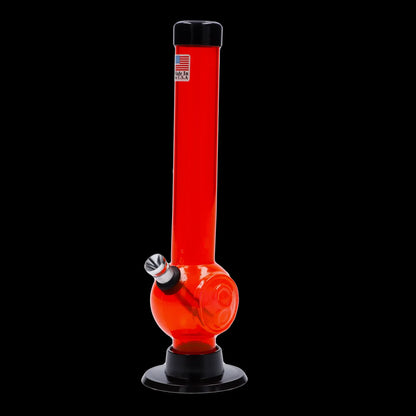 Centered front view of a red JM Plastics Magic 8 Ball Base with Carb Hole Acrylic Bong - 8 in., lit against a black background.