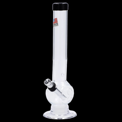 Centered front view of the JM Plastics Magic 8 Ball Base with Carb Hole Acrylic Bong - 8 in., clear glass against a black backdrop.
