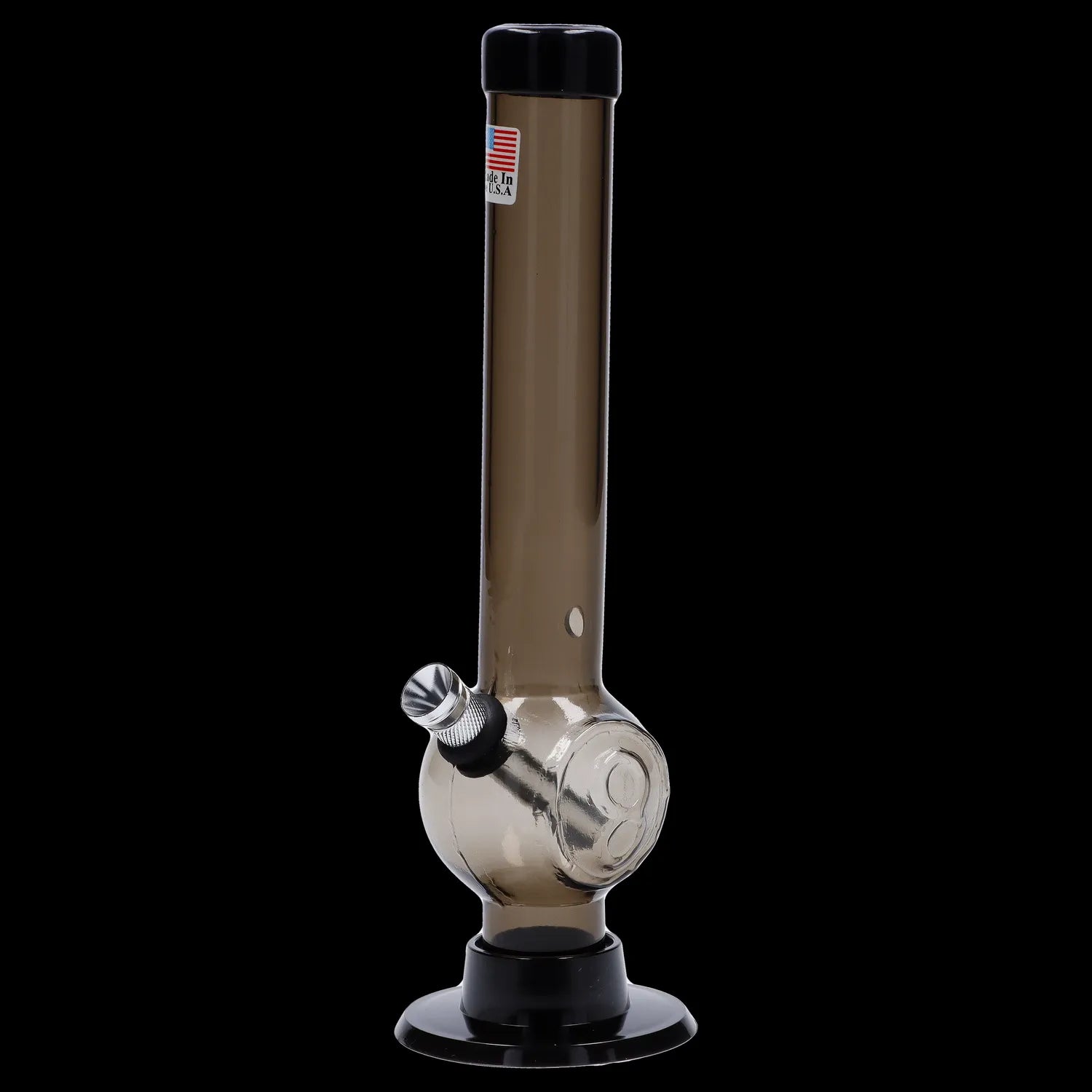 Front-facing view of the JM Plastics Magic 8 Ball Base with Carb Hole Acrylic Bong - 8 in., shown in smoky brown on a black background with its round 8-ball chamber and metal bowl angled toward the camera