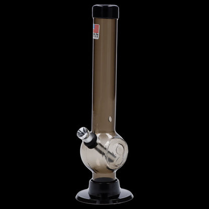 Front-facing view of the JM Plastics Magic 8 Ball Base with Carb Hole Acrylic Bong - 8 in., shown in smoky brown on a black background with its round 8-ball chamber and metal bowl angled toward the camera