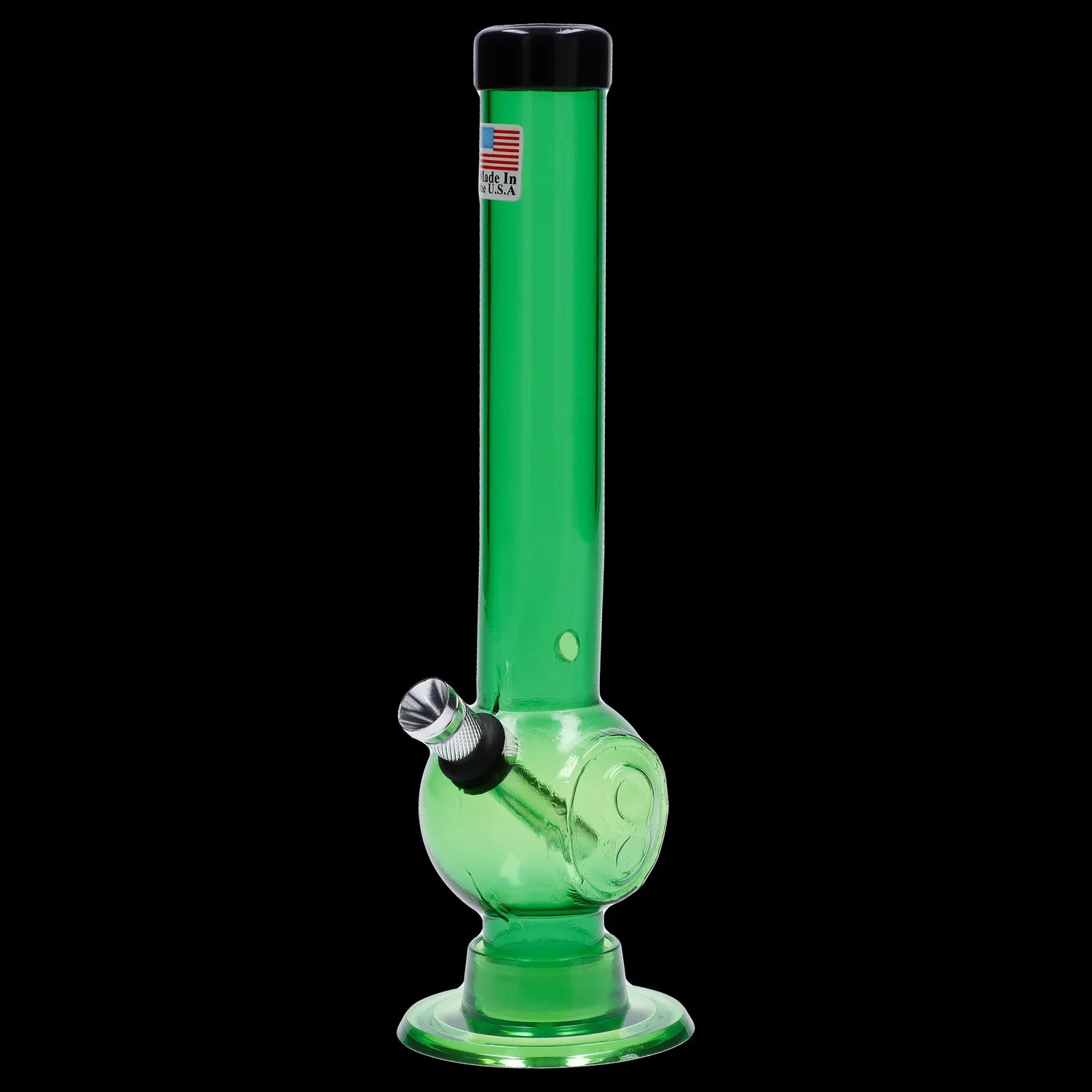 Straight-on view of the JM Plastics Magic 8 Ball Base with Carb Hole Acrylic Bong - 8 in., shown in green against a black background.