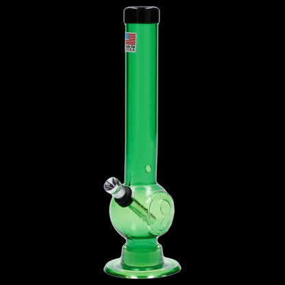 Straight-on view of the JM Plastics Magic 8 Ball Base with Carb Hole Acrylic Bong - 8 in., shown in green against a black background.