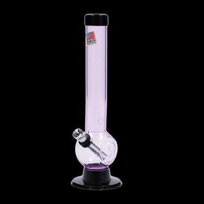 Vertical studio shot of the JM Plastics Magic 8 Ball Base with Carb Hole Acrylic Bong - 8 in., showing a translucent light-purple tube and spherical base with a metal downstem against a black background
