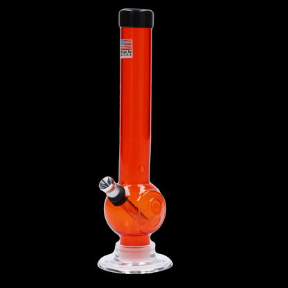 Centered front view of the JM Plastics Magic 8 Ball Base with Carb Hole Acrylic Bong - 8 in., shown in translucent orange against a black background.