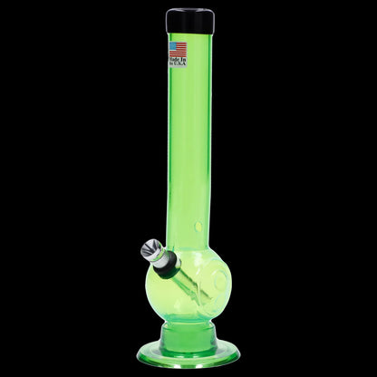 Centered front view of the JM Plastics Magic 8 Ball Base with Carb Hole Acrylic Bong - 8 in., shown in translucent green against black.
