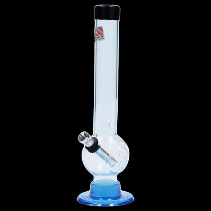 Center-frontal view of the JM Plastics Magic 8 Ball Base with Carb Hole Acrylic Bong - 8 in., shown in transparent acrylic with an orange-tinted blue base and black mouthpiece cap against a black background.