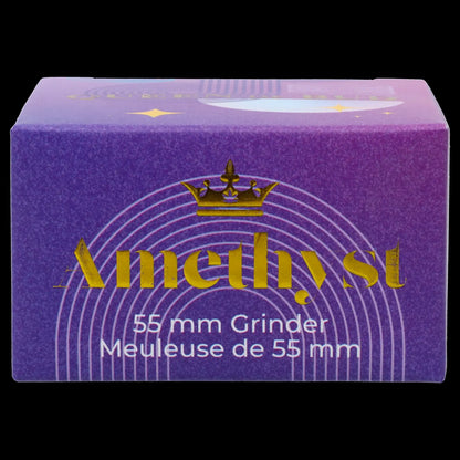 Purple box for a 55mm cannabis grinder labeled "Amethyst" with French text.