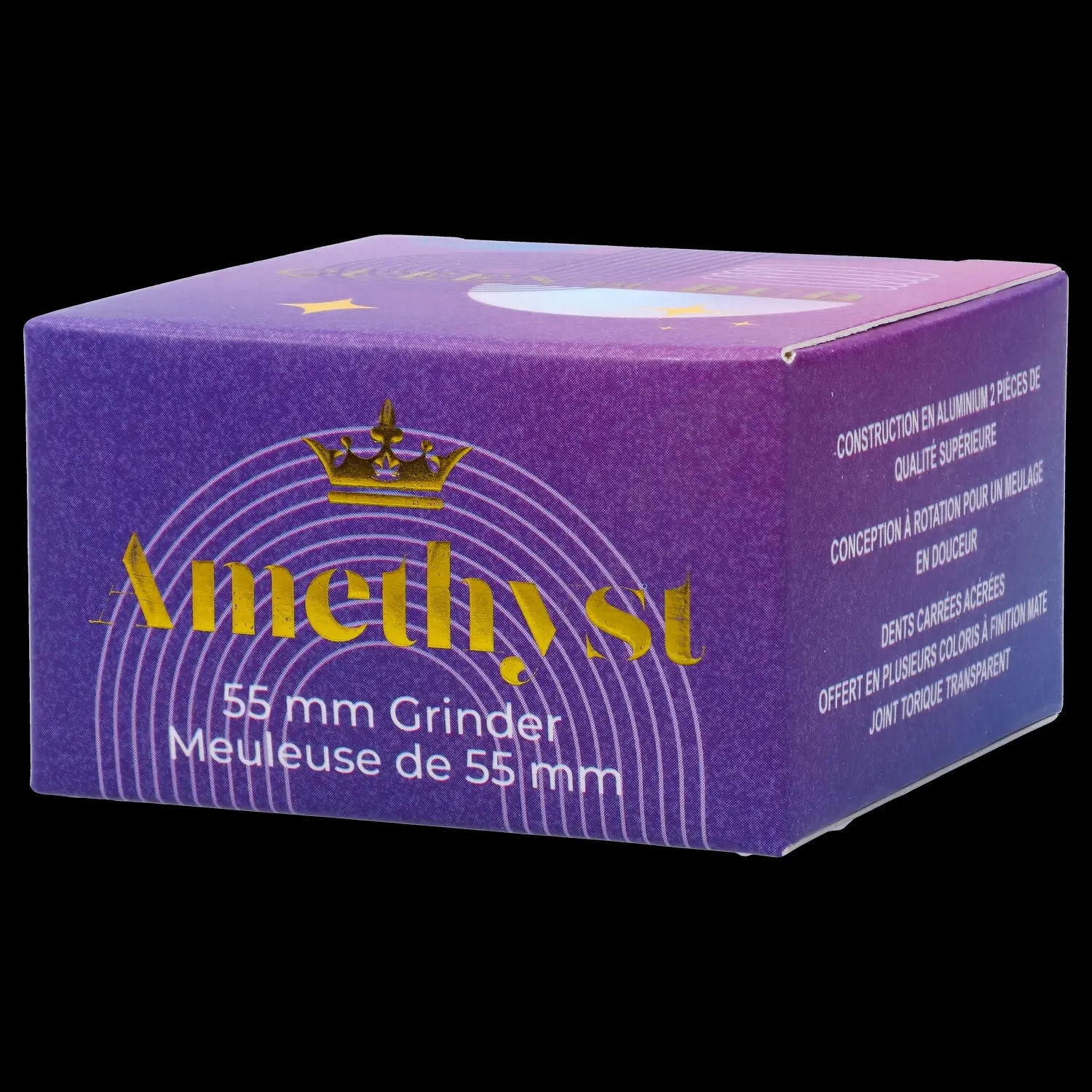 Close-up of the Queen of Bud 2-Piece Grinder - 55mm, showcasing its metallic finish and circular design.