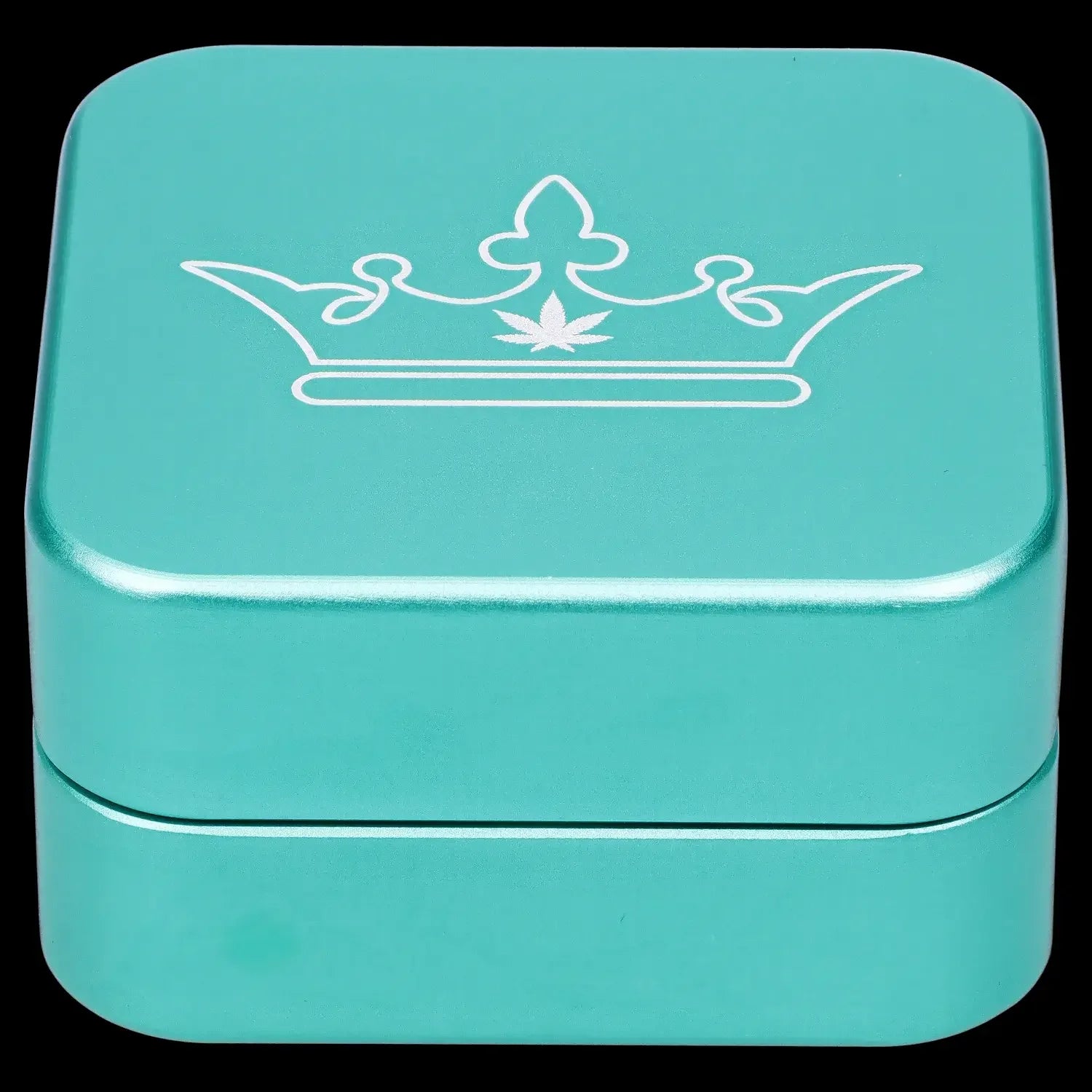 Turquoise metal storage box with a white crown and cannabis leaf design.
