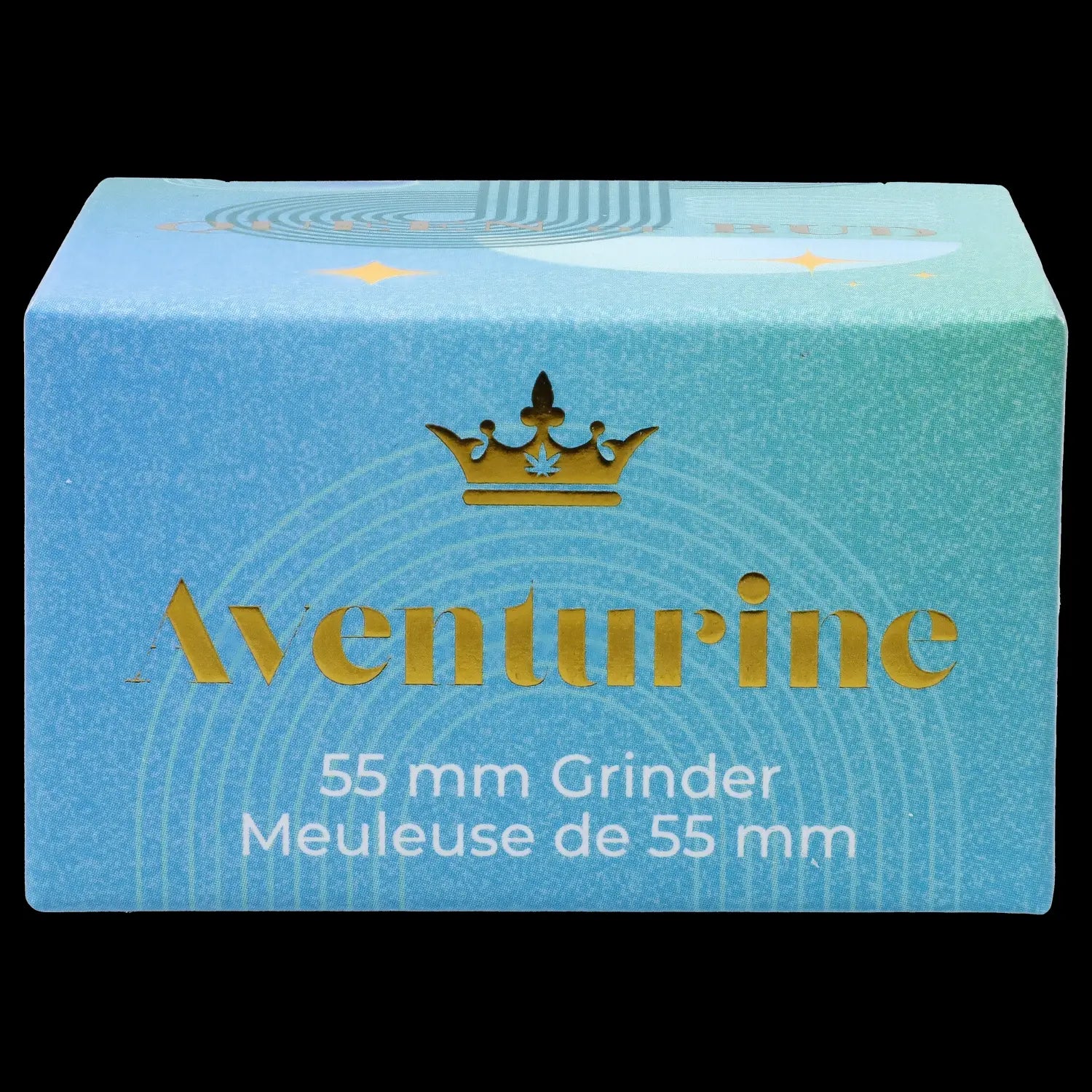 Blue cannabis grinder box with gold lettering reading "Aventurine" and "55 mm Grinder / Meuleuse de 55 mm".