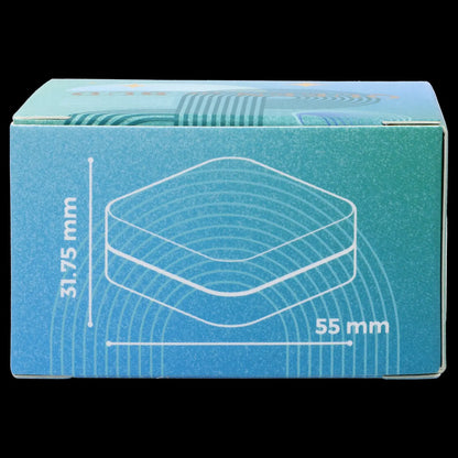 Blue cannabis accessory packaging with dimensions labeled.