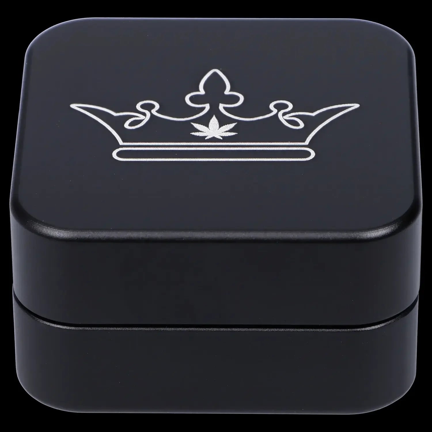 Close-up of the Queen of Bud 2-Piece Grinder, a black metal grinder viewed from a slightly angled, top-down perspective.