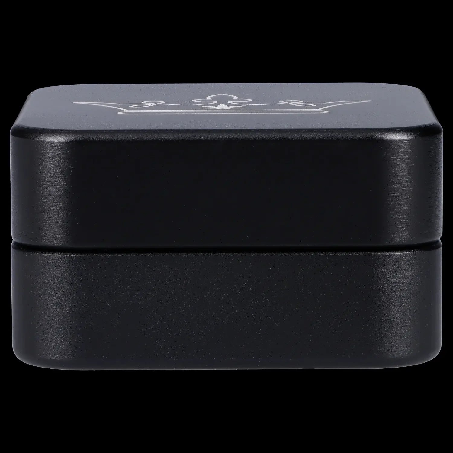 Black cannabis concentrate container with embossed logo.