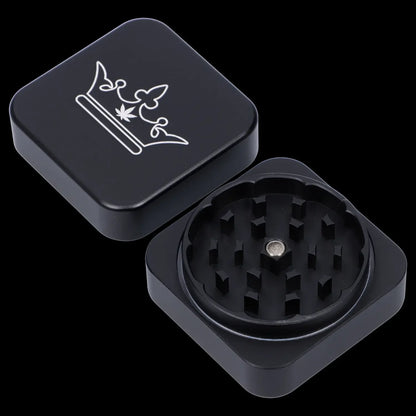 A top-down view of the 55mm Queen of Bud 2-Piece Grinder, displaying its metallic, multi-tiered grinding mechanism.