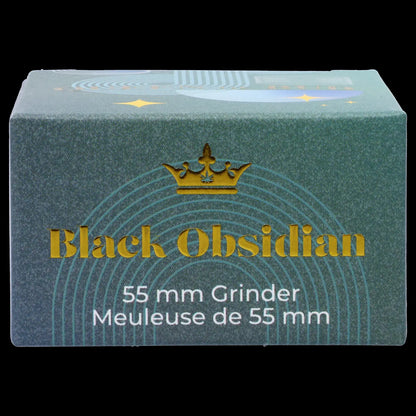 Green box for a “Black Obsidian” 55mm cannabis grinder, with a cannabis leaf crown design. 