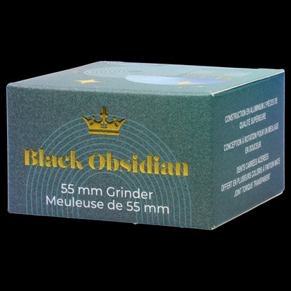 A turquoise box for a “Black Obsidian” 55mm cannabis grinder, with gold lettering and detailing.