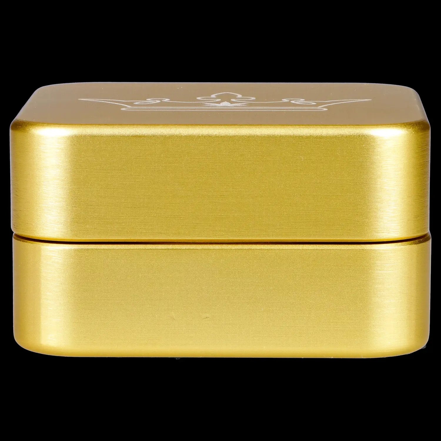 Gold cannabis storage container with engraved logo.