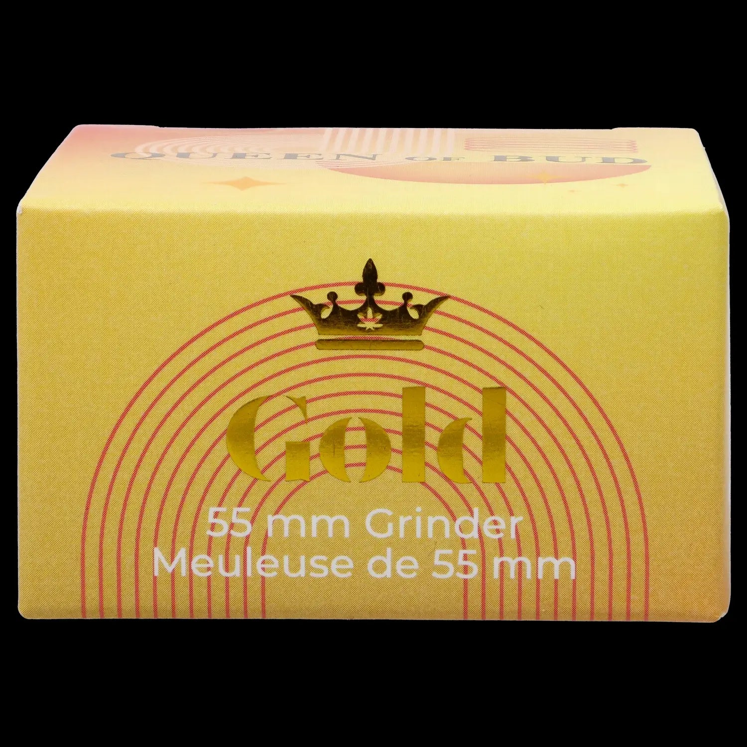 Yellow box for a “Gold” 55mm cannabis grinder, with red radial lines and French text.