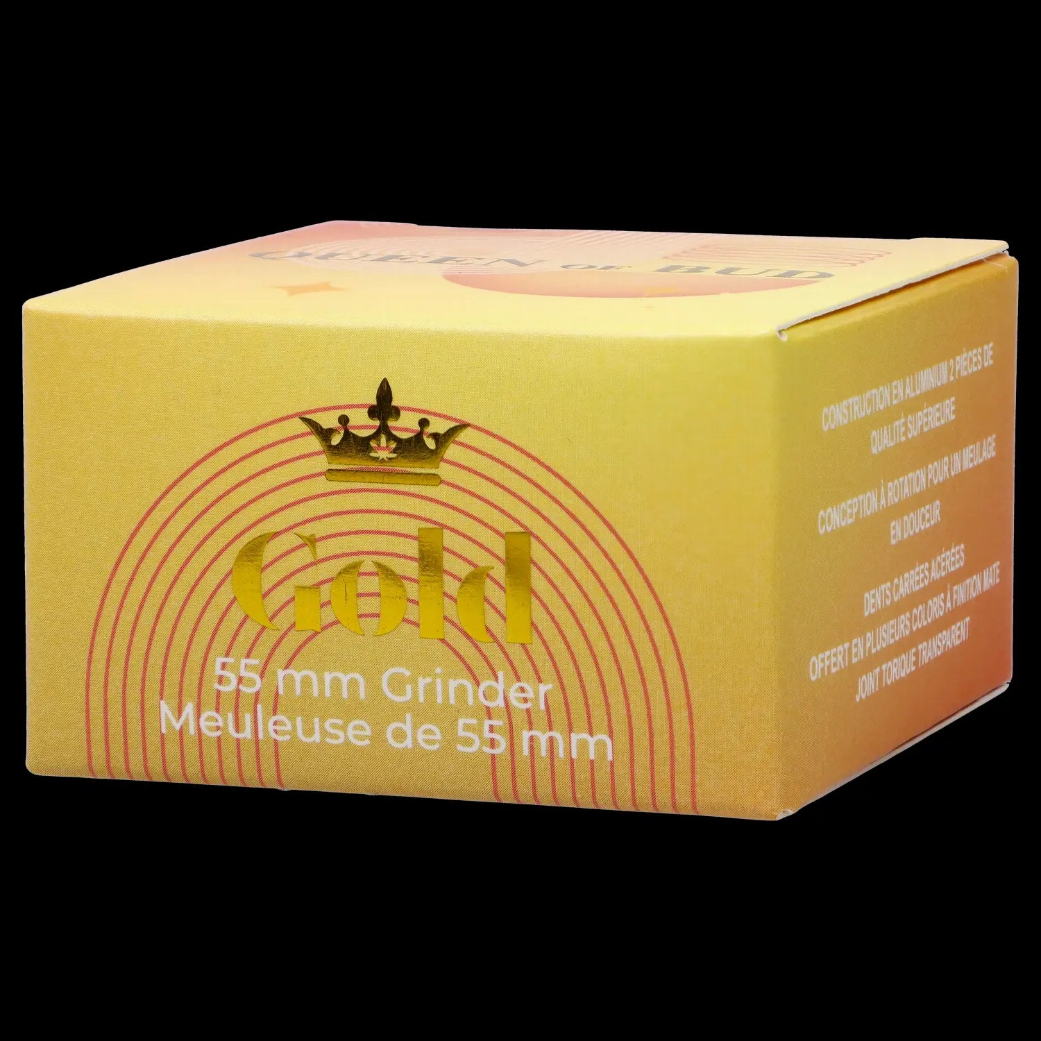 Front view of the 55mm Queen of Bud 2-Piece Grinder, featuring a metallic finish and circular design.