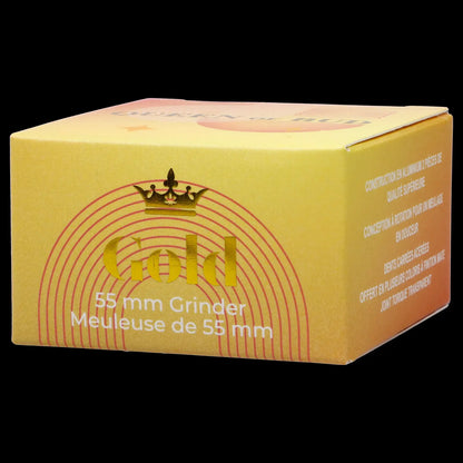 Front view of the 55mm Queen of Bud 2-Piece Grinder, featuring a metallic finish and circular design.