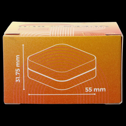 Orange packaging box with a line drawing of a cannabis concentrate container and dimensions labeled.