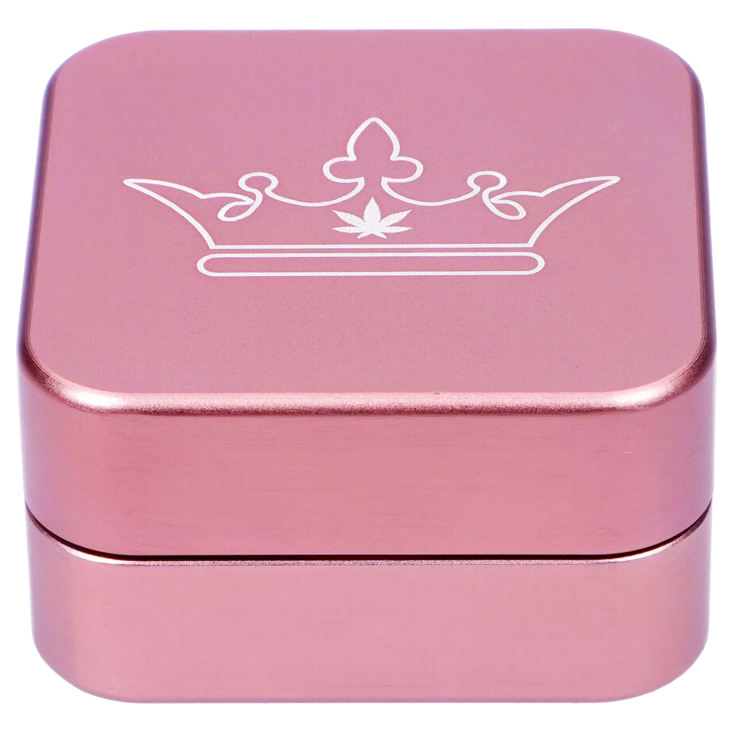 Pink metal grinder with a white cannabis leaf crown design.
