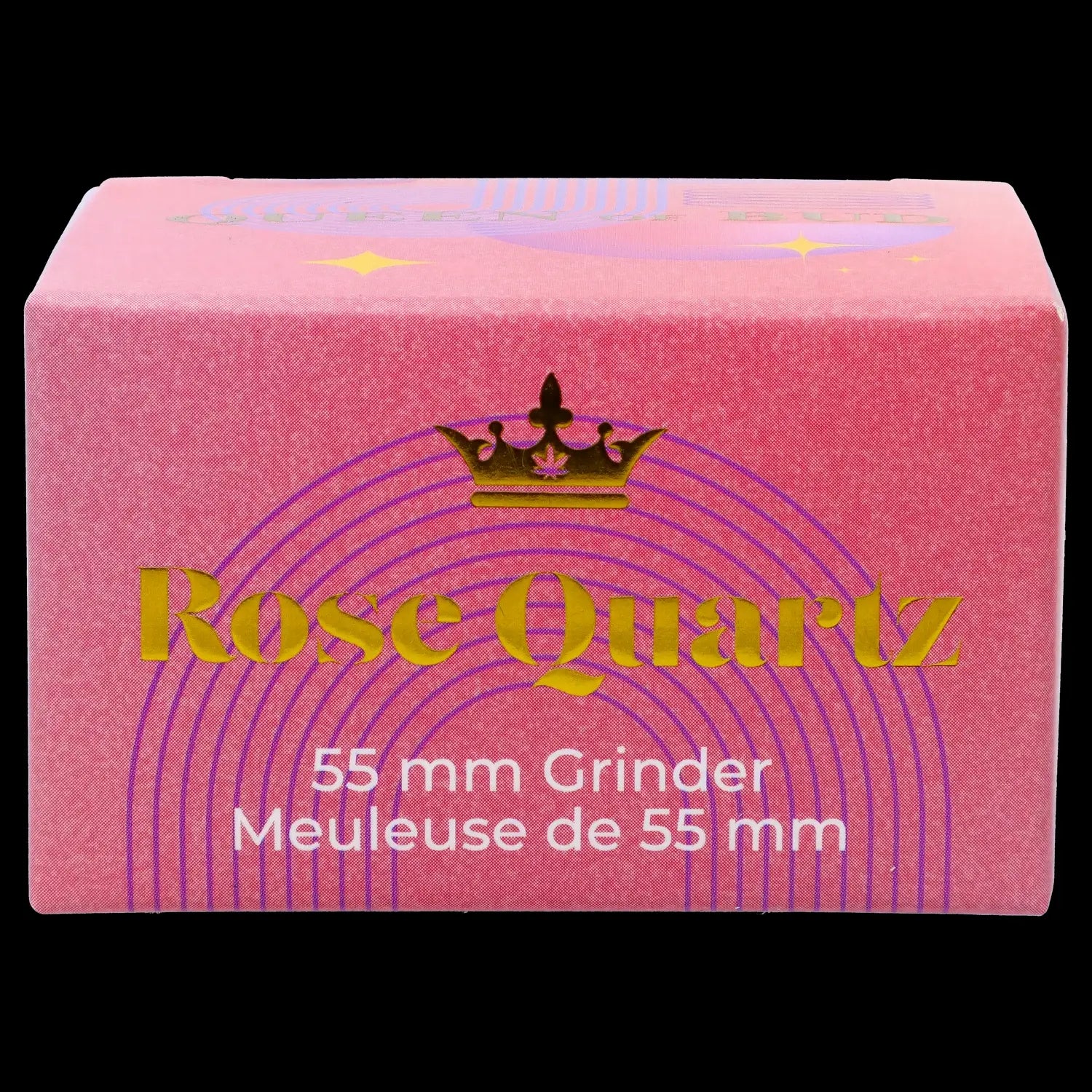 Pink cannabis grinder labeled "Rose Quartz" and "55 mm Grinder."