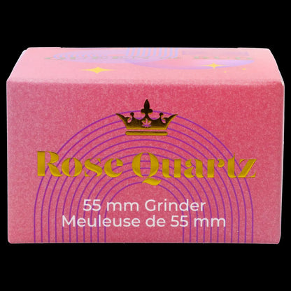 Pink cannabis grinder labeled "Rose Quartz" and "55 mm Grinder."