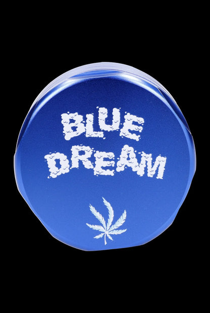 Blue Dream cannabis container with a marijuana leaf design.